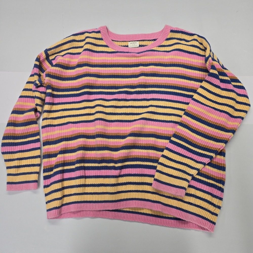 Cotton On Womens Striped Knit Crewneck Sweater Pink Yellow‎ Blue Size Large L